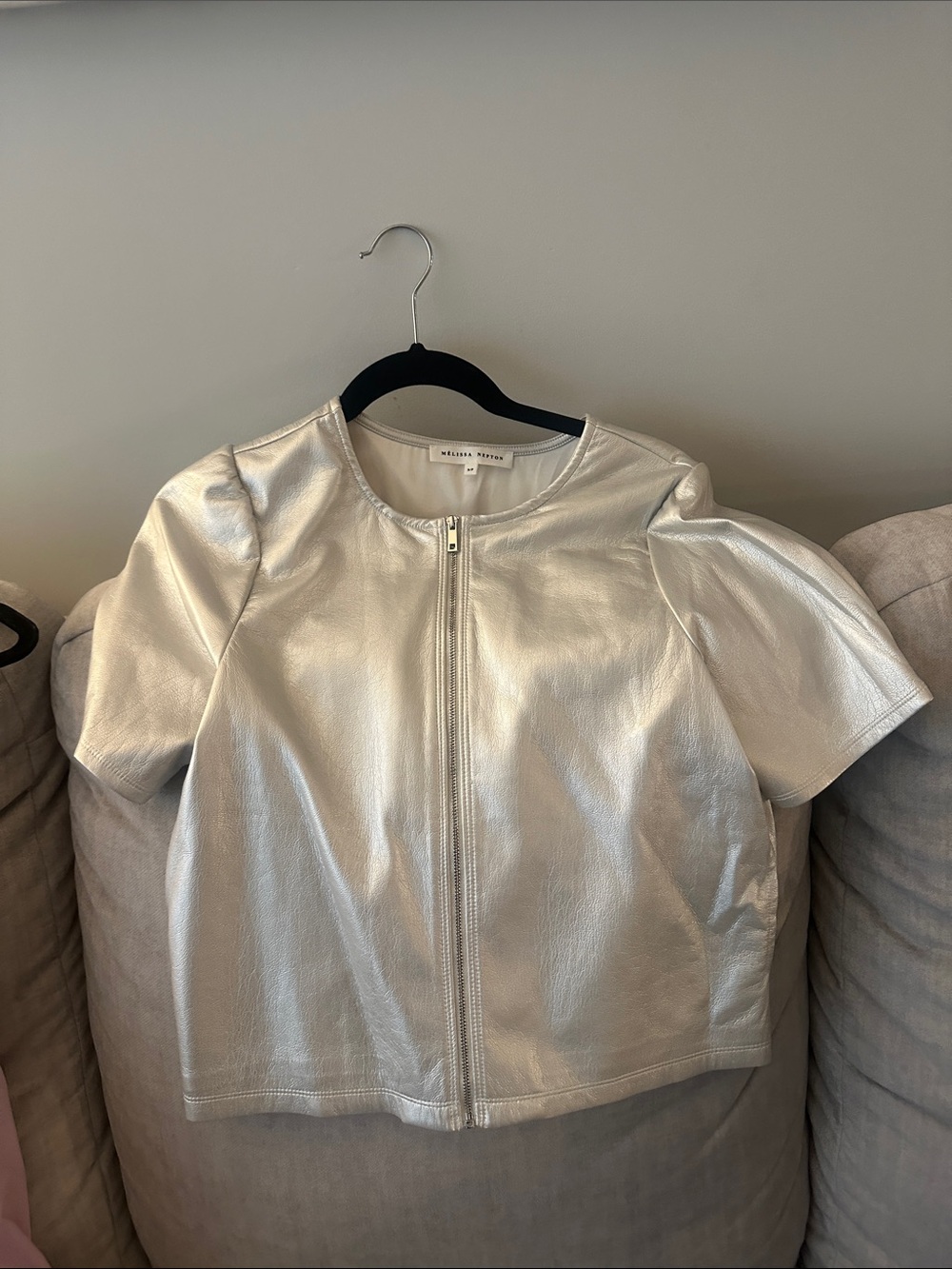 MELISSA NEPTON Silver Metallic Zip-Front Short Sleeve Top